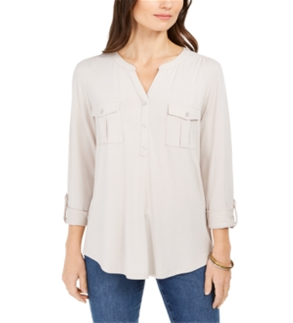 Style & CO Women's Cuffed with Buttons Button up Top Beige Heather  Size Petite XL