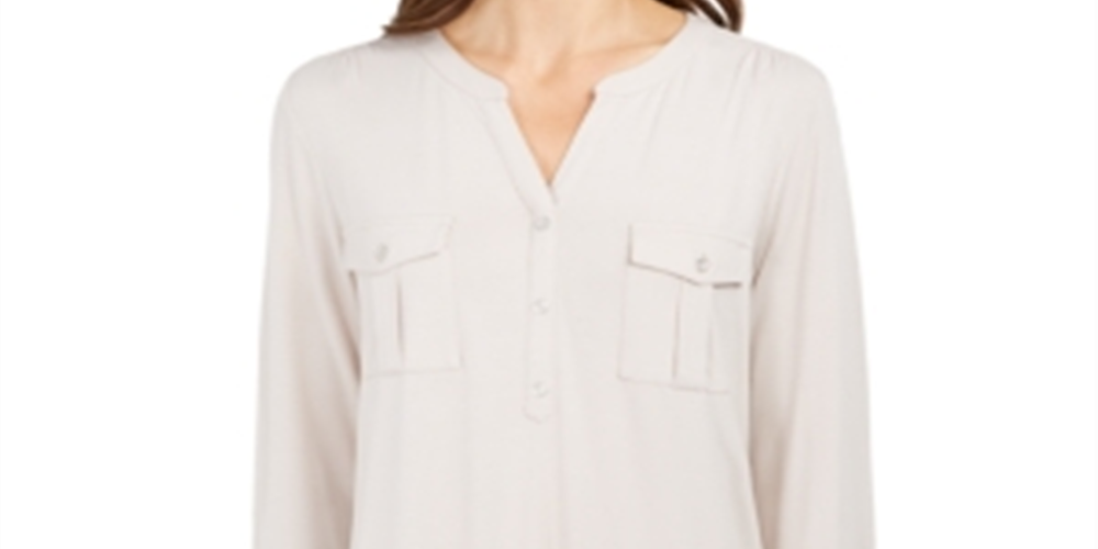 Style & CO Women's Cuffed with Buttons Button up Top Beige Heather  Size Petite XL