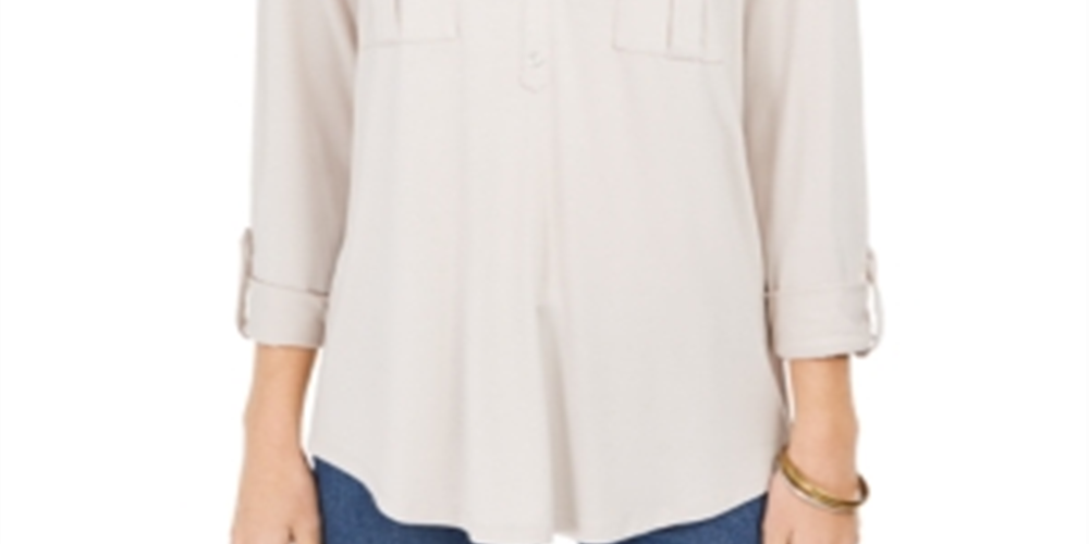 Style & CO Women's Cuffed with Buttons Button up Top Beige Heather  Size Petite XL