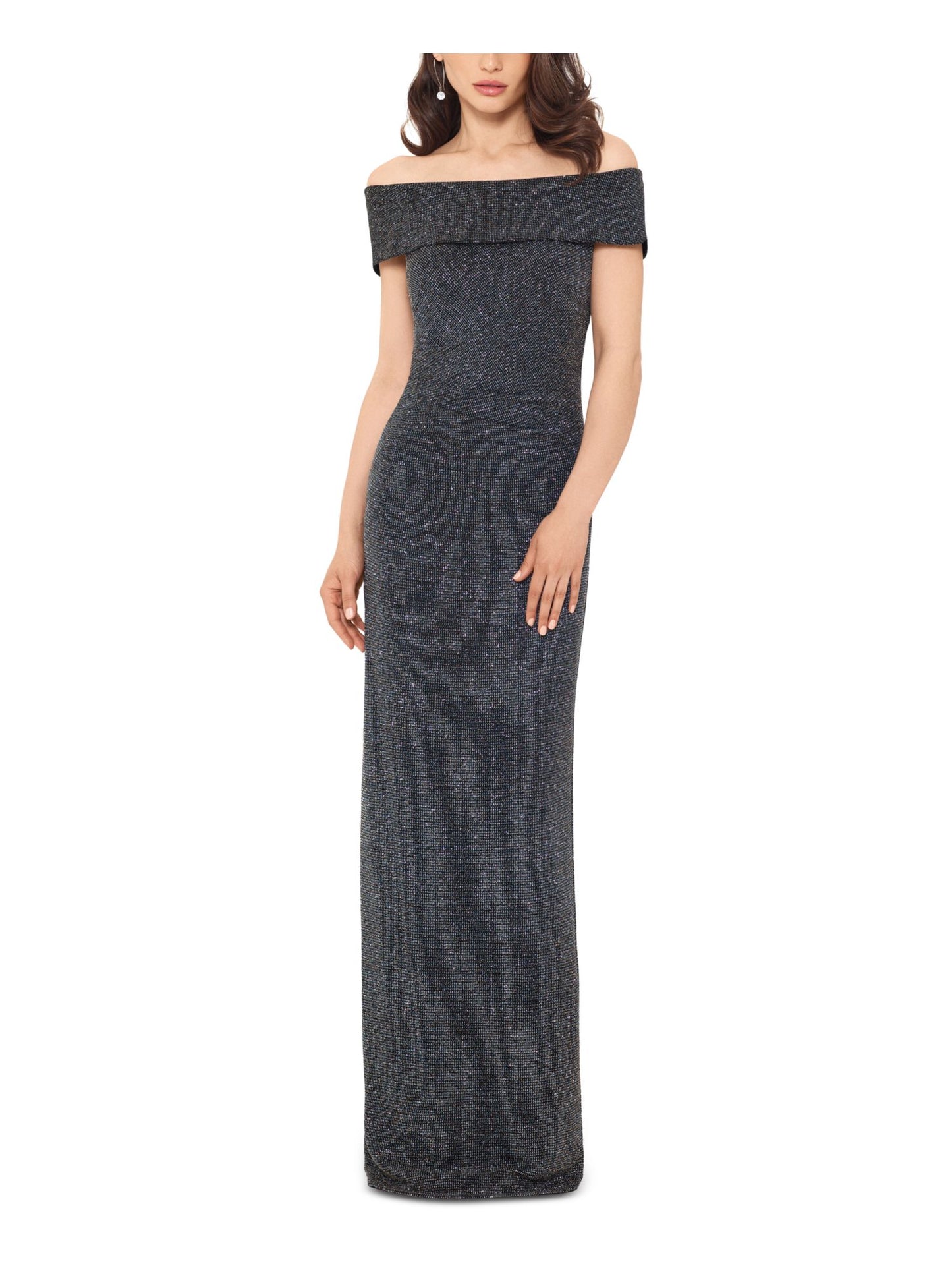 Xscape Off-the-Shoulder Metallic Gown Grey Size 14