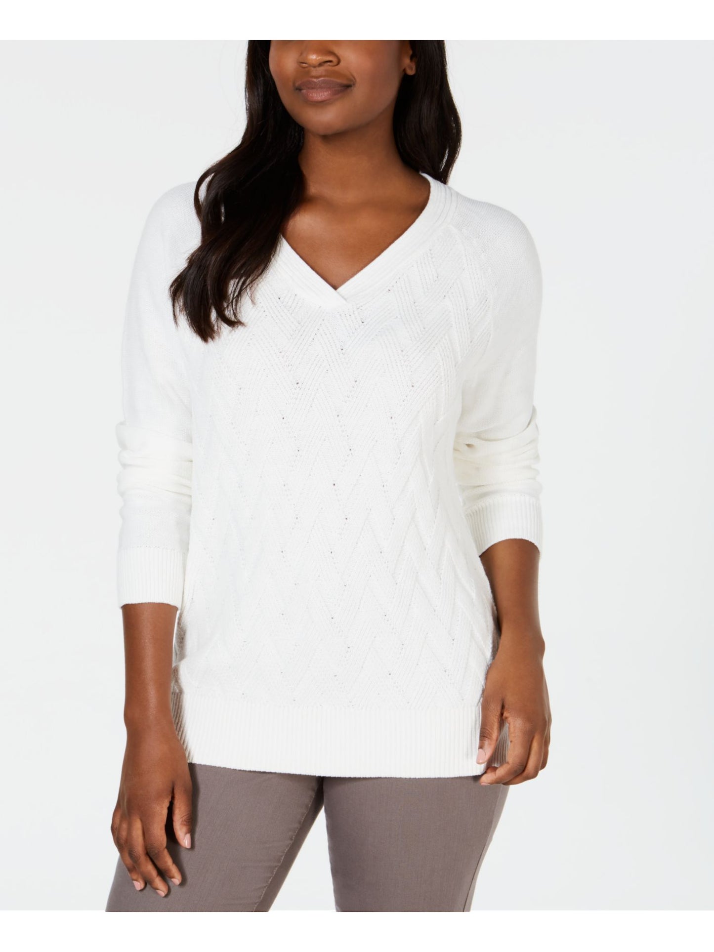 Karen Scott Women's Basket-Stitch Sweater  Winter  White Size Small