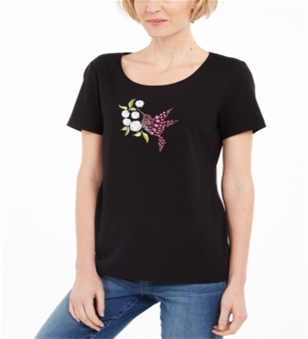 Karen Scott Women's Cotton Hummingbird T-Shirt  Black Size XL