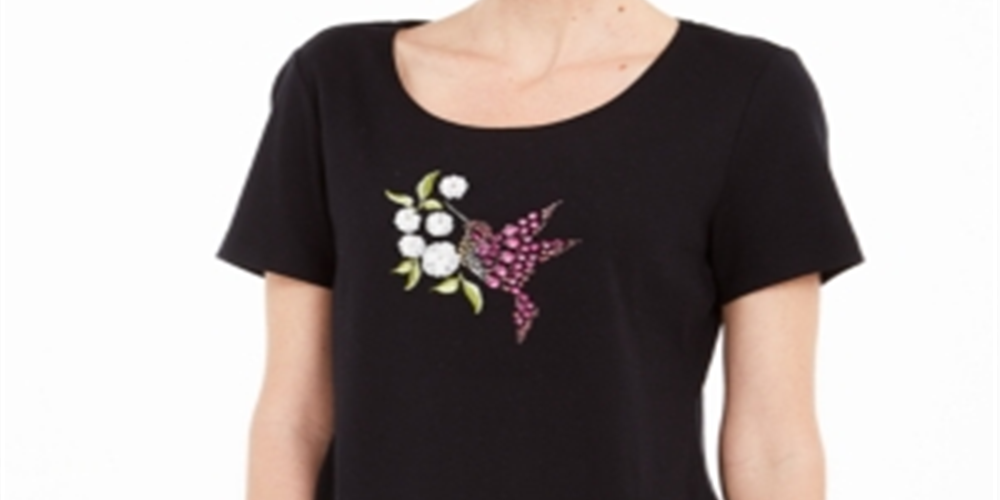 Karen Scott Women's Cotton Hummingbird T-Shirt  Black Size XL