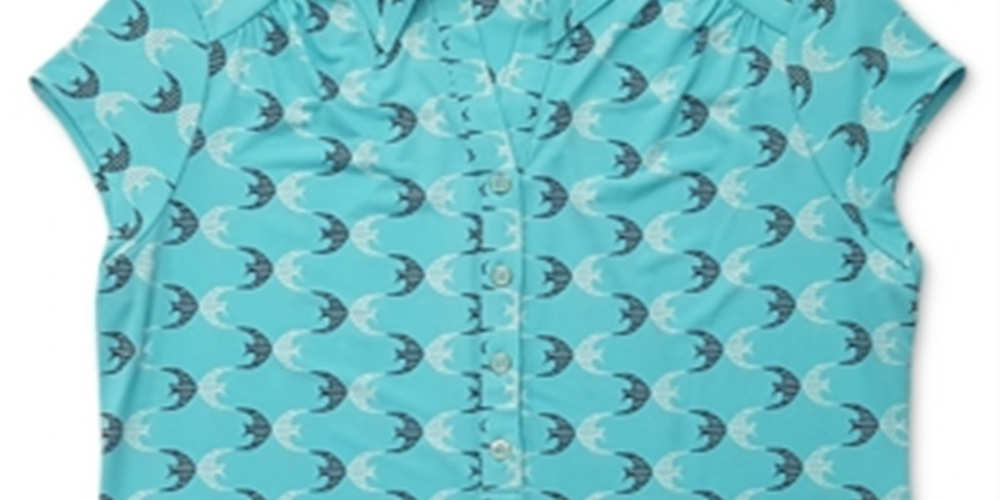 Charter Club Women's  Fish-Print Polo Shirt Light Pool Blue Combo Size L