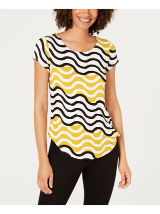 Alfani Women's Patterned Short Sleeve Jewel Neck Top Yellow Size PM