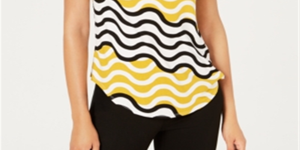 Alfani Women's Patterned Short Sleeve Jewel Neck Top Yellow Size PM