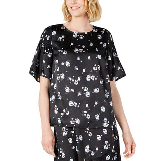 Alfani Women's  Floral-Print Satin Smocked-Shoulder Top  - Black Modern Ditsy Size Small
