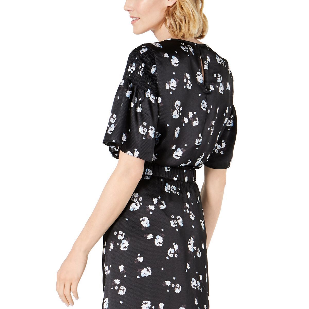 Alfani Women's  Floral-Print Satin Smocked-Shoulder Top  - Black Modern Ditsy Size Small