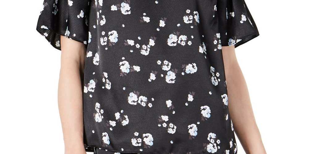 Alfani Women's  Floral-Print Satin Smocked-Shoulder Top  - Black Modern Ditsy Size Small