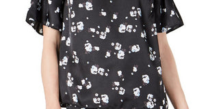 Alfani Women's  Floral-Print Satin Smocked-Shoulder Top  - Black Modern Ditsy Size Small