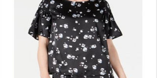Alfani Women's  Floral-Print Satin Smocked-Shoulder Top  - Black Modern Ditsy Size Small