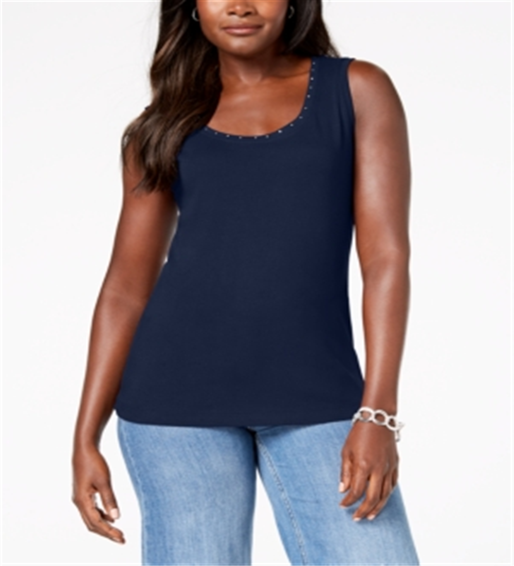 Karen Scott Women's Cotton Studded Tank Top  - Intrepid Blue Size Medium