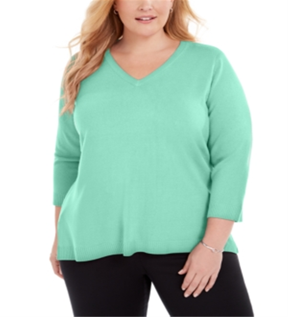 Karen Scott Women's Plus Size V-Neck Luxsoft Sweater  - Aquifer Blue Size 2X
