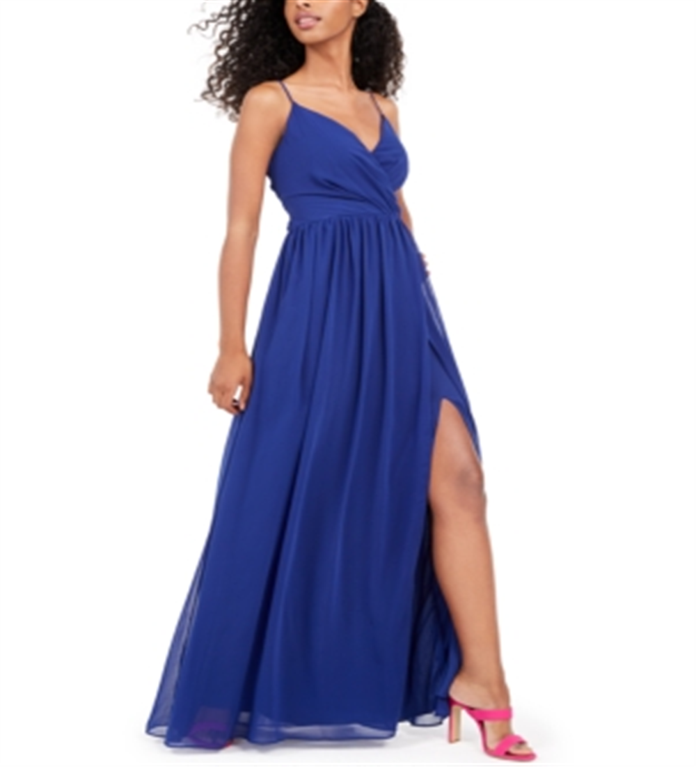 City Studios Women's Slitted Spaghetti Strap Sweetheart Neckline Full-Length Fit Flare Evening Dress Blue Size 7