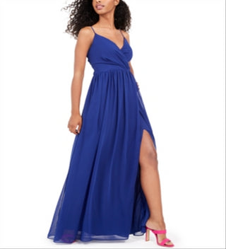 City Studios Women's Slitted Spaghetti Strap Sweetheart Neckline Full-Length Fit Flare Evening Dress Blue Size 7