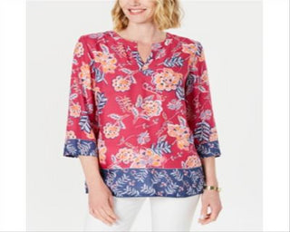 Charter Club Women'S Petite Double-Floral Printed Tunic  Moroccan Pink Combo Size Petite L