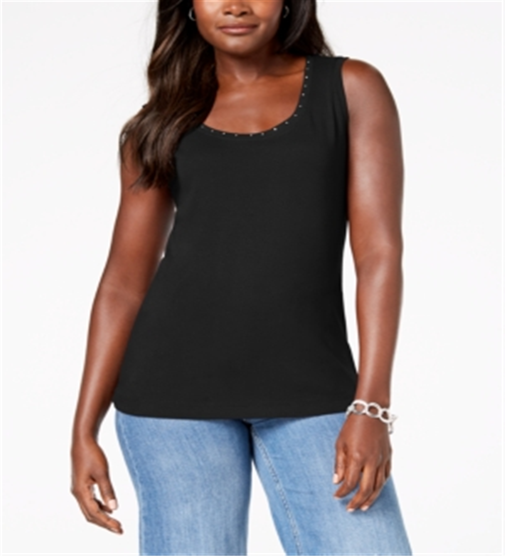 Karen Scott Women's Cotton Studded Tank Top  - Deep Black Size M