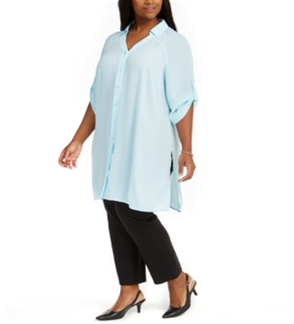 Alfani Women's Plus Size Long Tunic Shirt Oasis Blue 3X