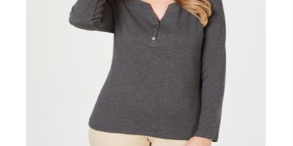Karen Scott Women's Henley Top  Black Size Large