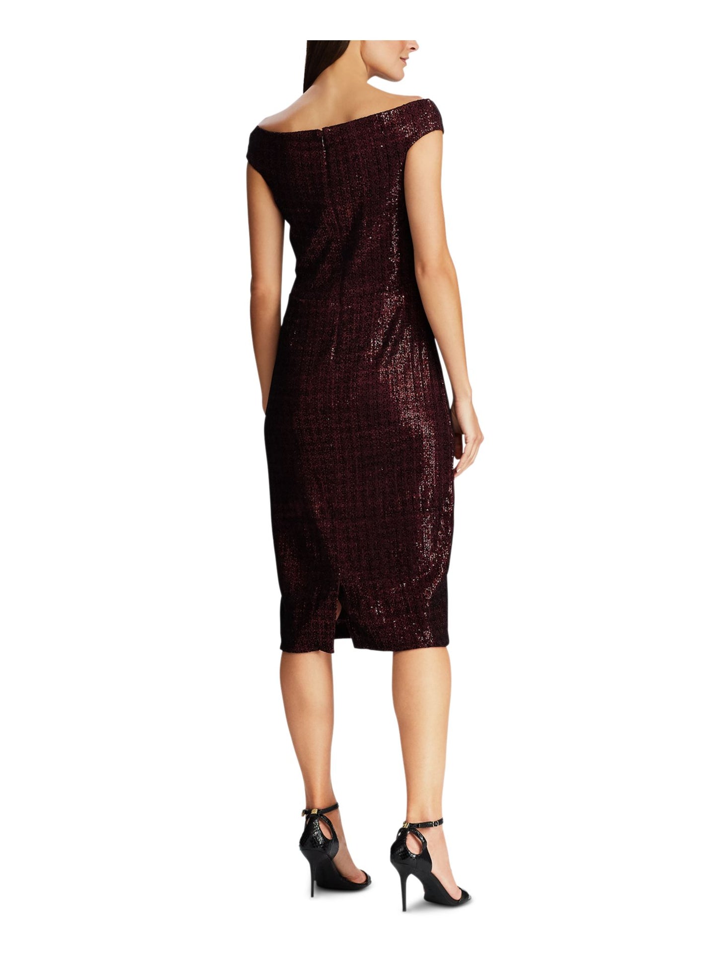 Ralph Lauren Women's Sequined Cap Sleeve Boat Neck MIDI Sheath Cocktail Dress Black Size 0