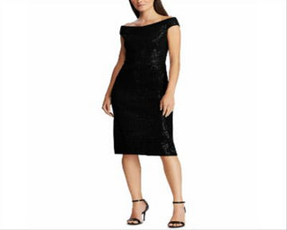 Ralph Lauren Women's Sequined Cap Sleeve Boat Neck MIDI Sheath Cocktail Dress Black Size 0