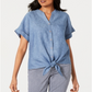 Charter Club Women's Petite Linen Tie-Front Shirt Blue Ocean Size PXL
