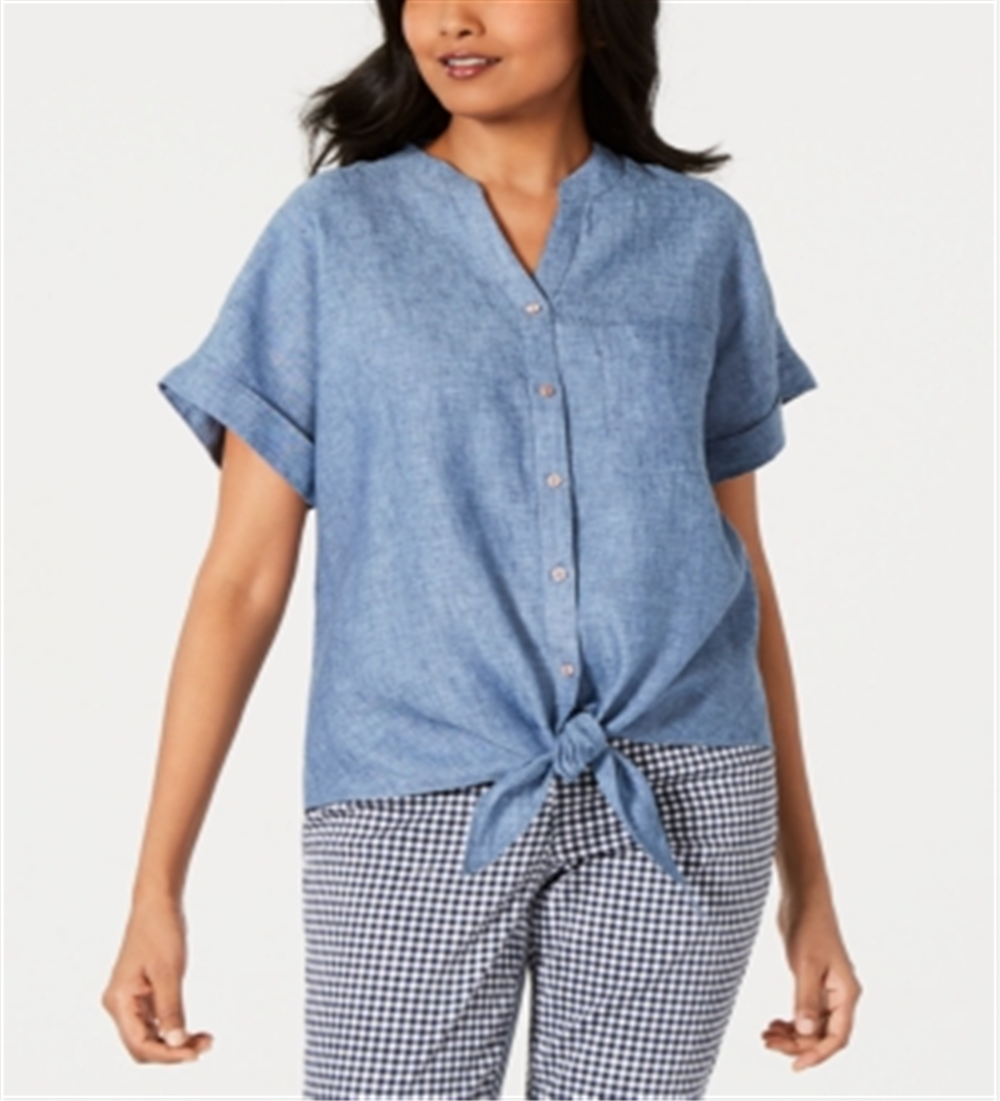 Charter Club Women's Petite Linen Tie-Front Shirt Blue Ocean Size PXL