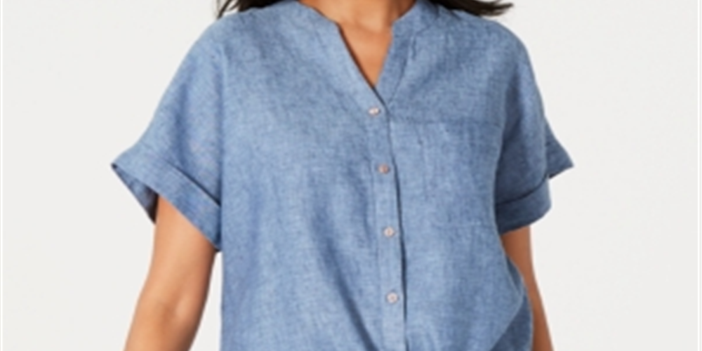 Charter Club Women's Petite Linen Tie-Front Shirt Blue Ocean Size PXL