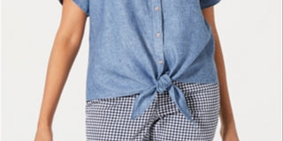 Charter Club Women's Petite Linen Tie-Front Shirt Blue Ocean Size PXL