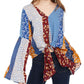 POLLY & ESTHER Women's  Tie Printed Bell Sleeve V Neck Blouse Top Blue Multi Size M