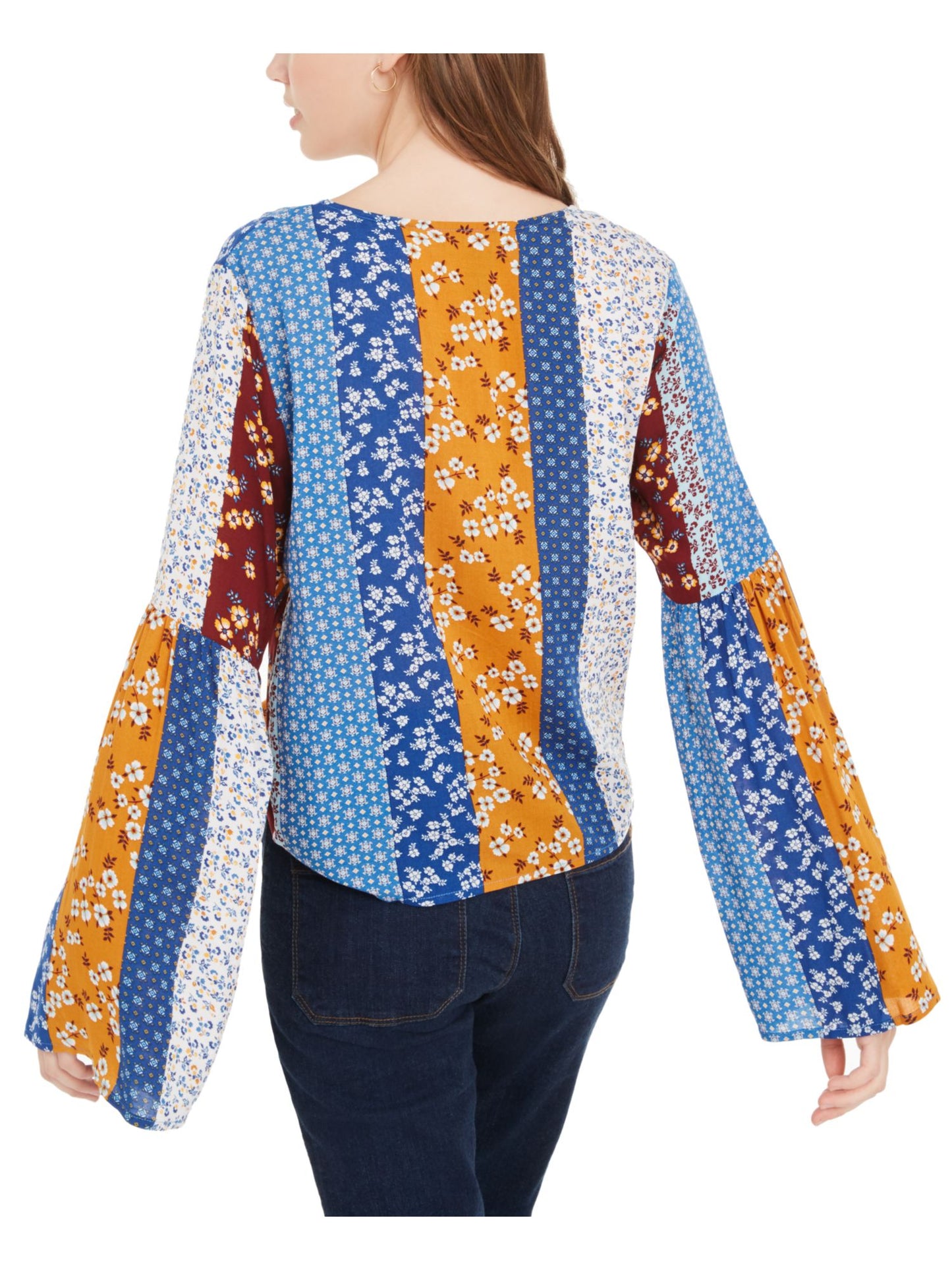 POLLY & ESTHER Women's  Tie Printed Bell Sleeve V Neck Blouse Top Blue Multi Size M
