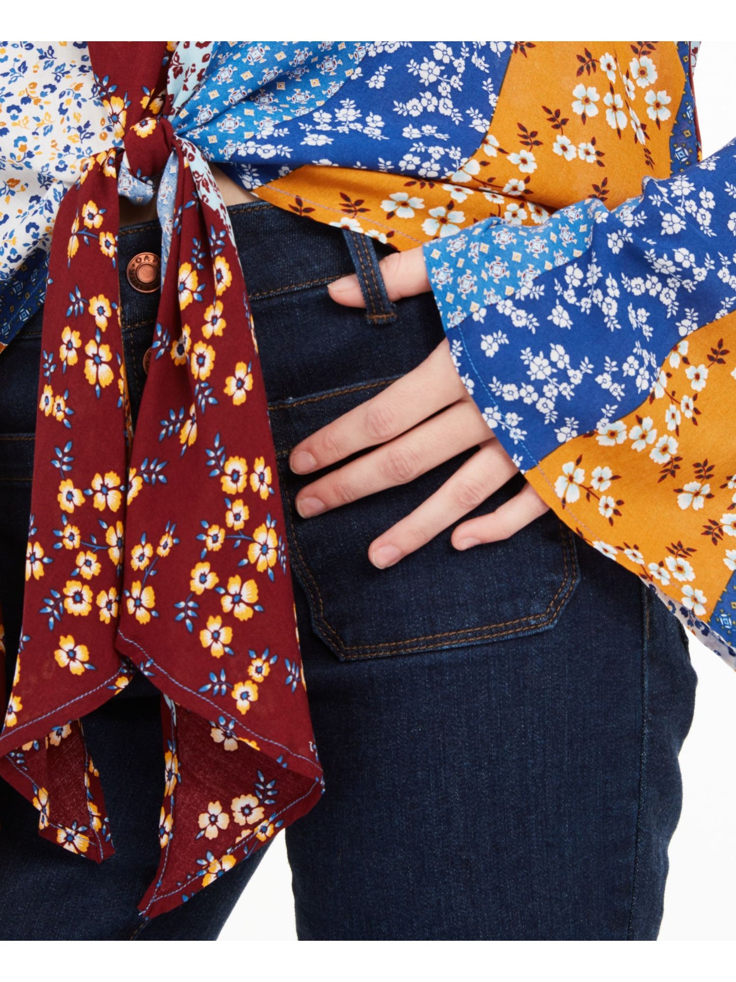 POLLY & ESTHER Women's  Tie Printed Bell Sleeve V Neck Blouse Top Blue Multi Size M