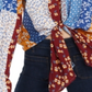 POLLY & ESTHER Women's  Tie Printed Bell Sleeve V Neck Blouse Top Blue Multi Size M