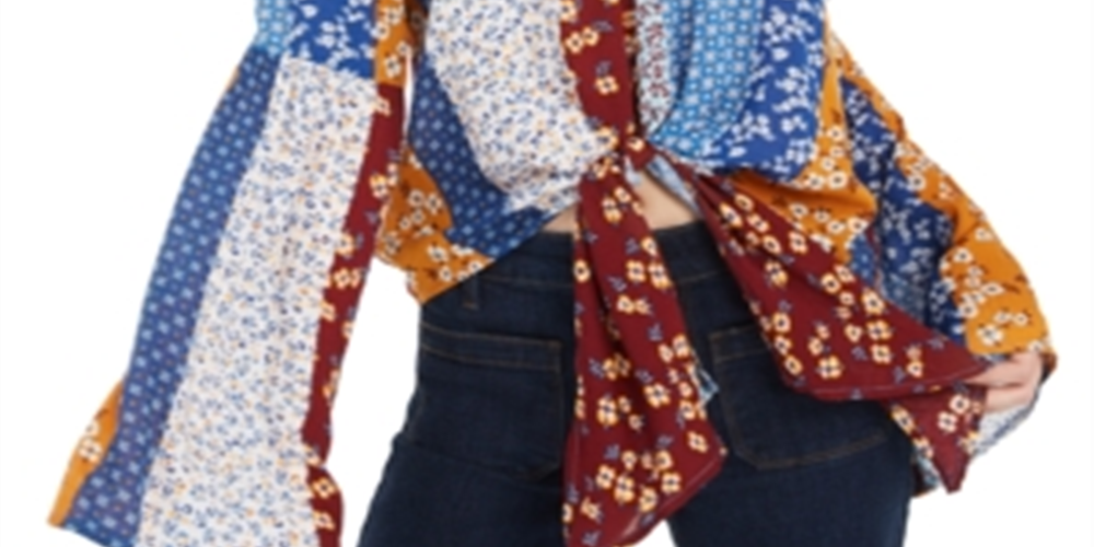 POLLY & ESTHER Women's  Tie Printed Bell Sleeve V Neck Blouse Top Blue Multi Size M