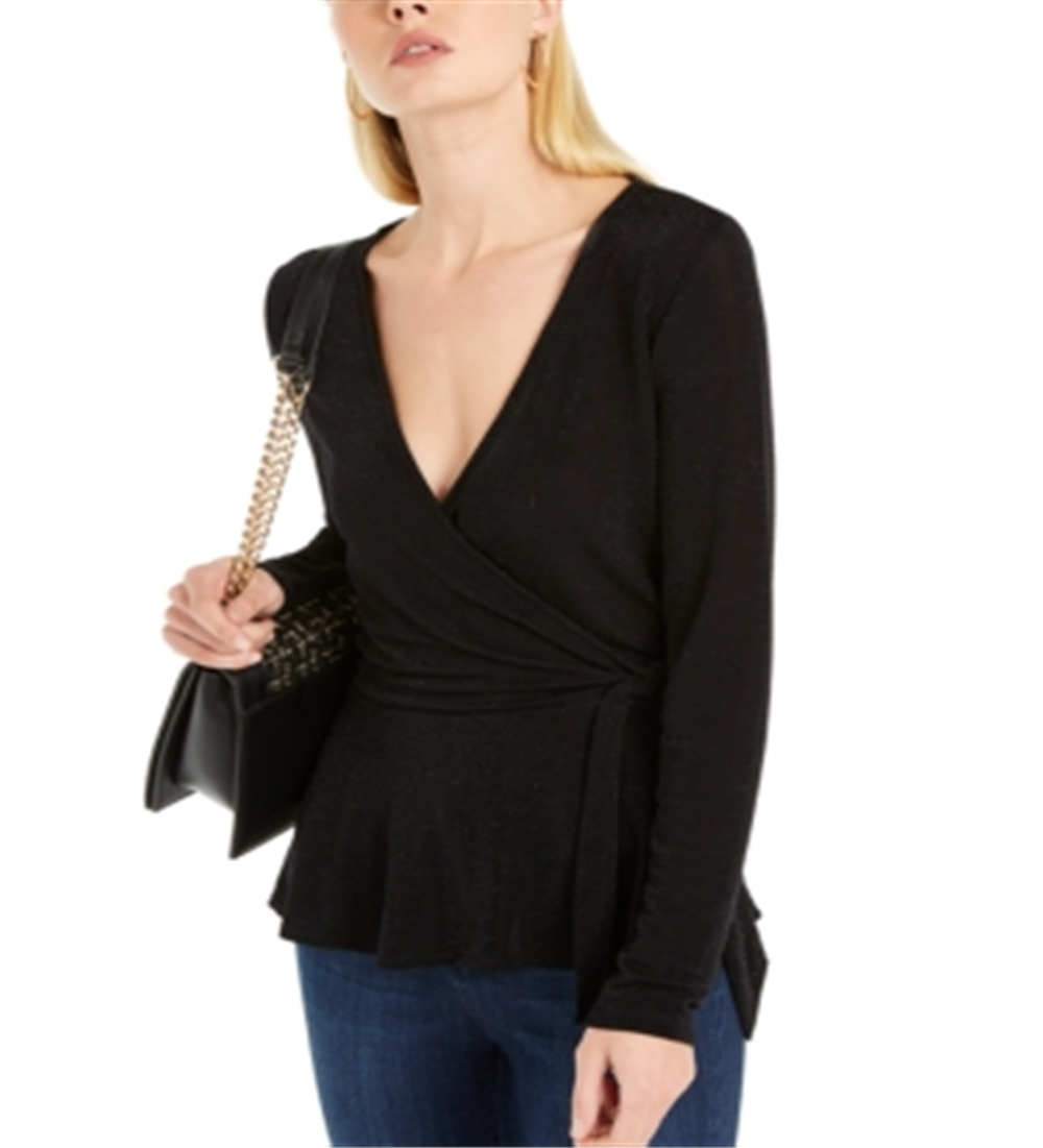 INC Women's Metallic Surplice Sweater  Deep Black Size XS
