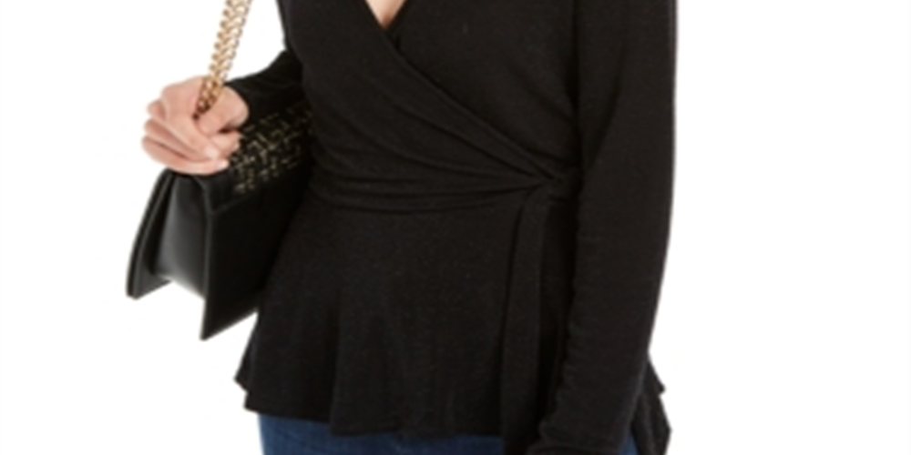 INC Women's Metallic Surplice Sweater  Deep Black Size XS