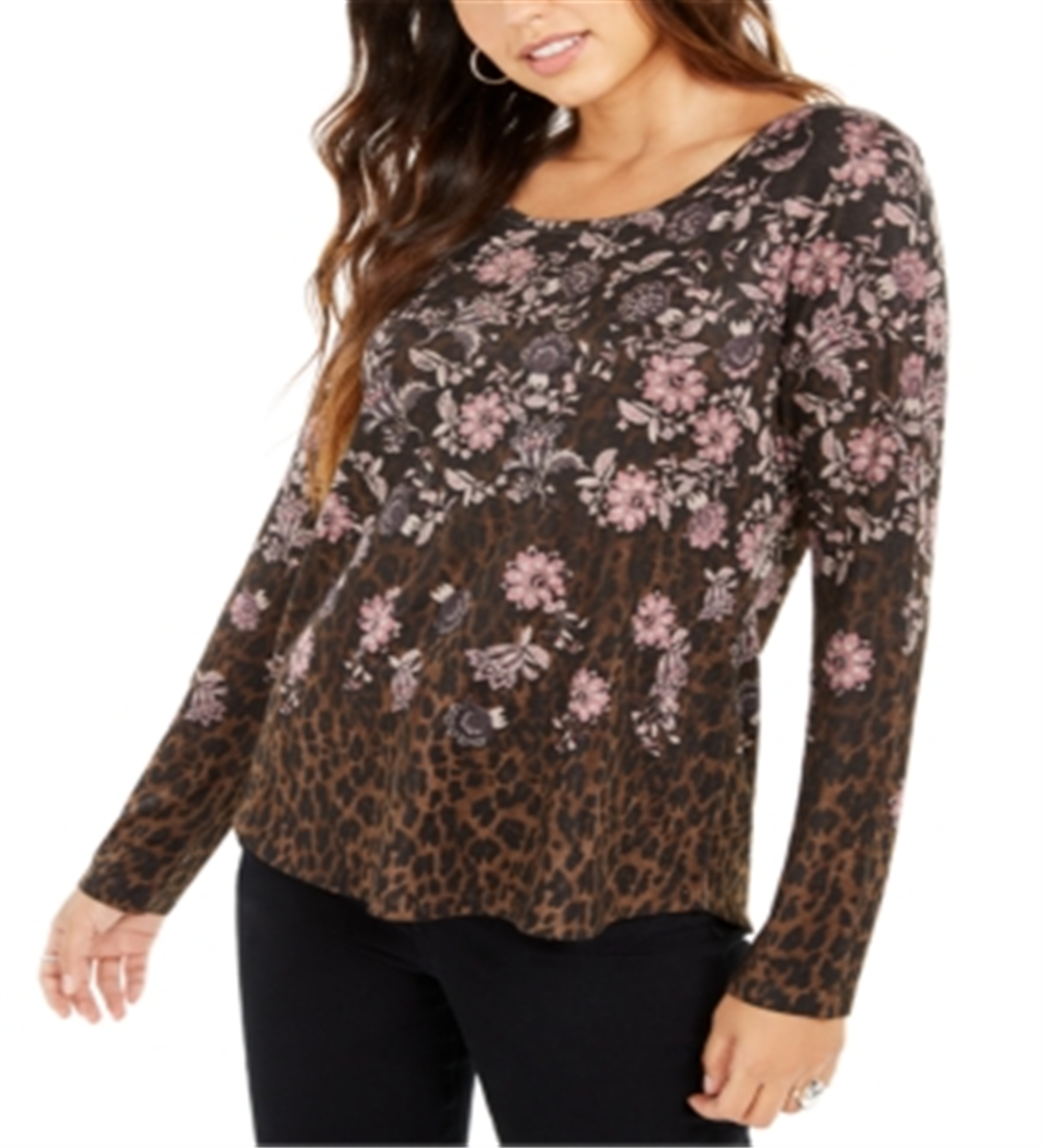 Style & Co Women's Mixed-Print Long-Sleeve Top Brown Size XS