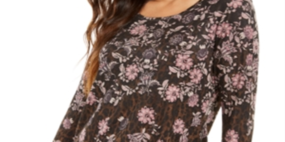Style & Co Women's Mixed-Print Long-Sleeve Top Brown Size XS