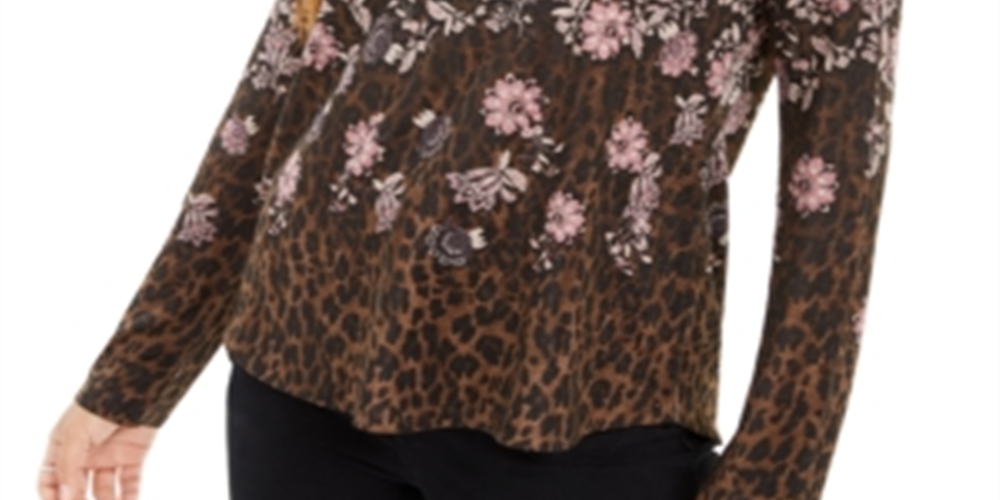 Style & Co Women's Mixed-Print Long-Sleeve Top Brown Size XS