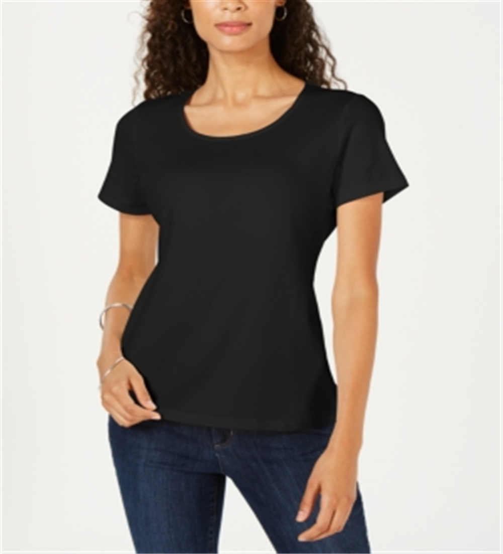 Karen Scott Women's Petite Cotton Scoop-Neck Top Deep Black Size  PL