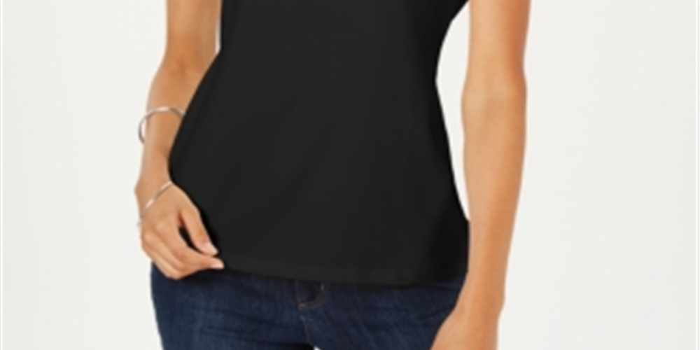 Karen Scott Women's Petite Cotton Scoop-Neck Top Deep Black Size  PL
