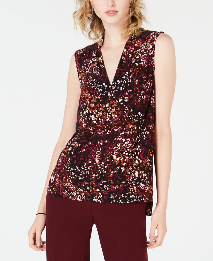 Bar III Women's Printed V Neck Shell Red Size Medium