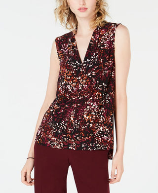 Bar III Women's Printed V Neck Shell Red Size Medium