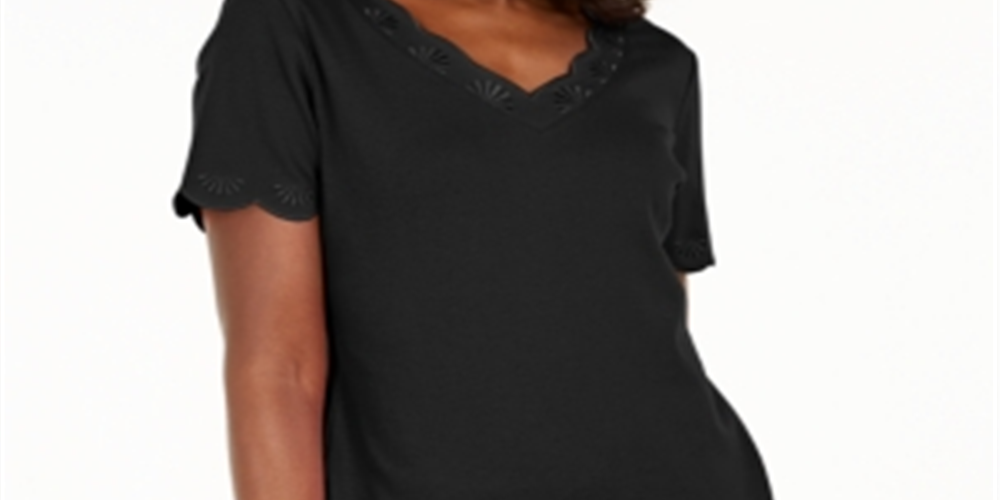 Karen Scott Women's  Cotton Scalloped V-Neck T-Shir Deep Black Size XS