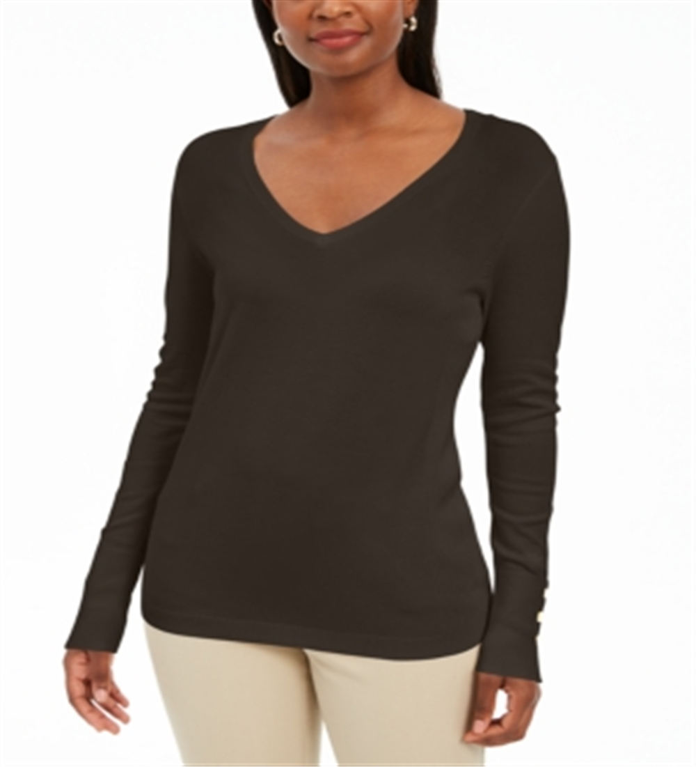JM Collection Women's  Button-Cuff Pullover Sweater Espresso Roast Size  XS