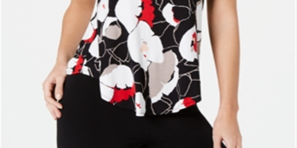 Alfani Women's  Petite Printed Round-Hem T-Shirt   Black Size Petite M