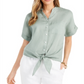 Charter Club Women's Linen Tie-Front Button-up Shirt  Green Size M