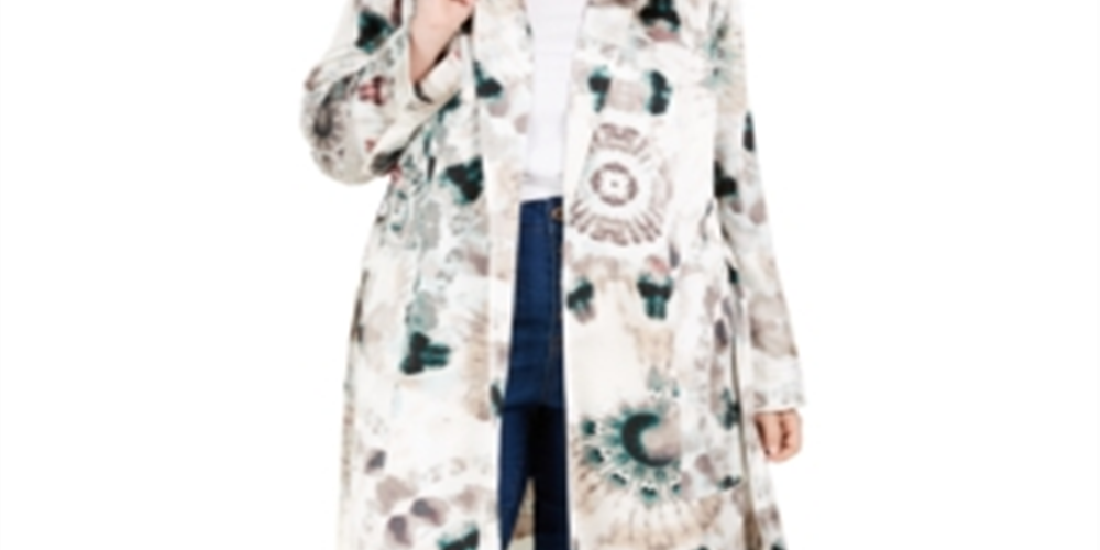 INC Women's  Plus Size Tie-Dye Trench Coat White Multi Size 2X