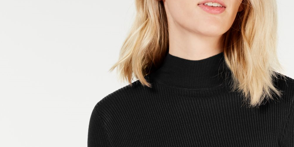 SAY WHAT? Women's  Fitted Rib-knit Tulip-hem Long Sleeve Mock Neck Sweater Black Size Medium