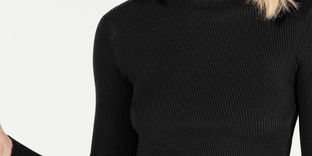 SAY WHAT? Women's  Fitted Rib-knit Tulip-hem Long Sleeve Mock Neck Sweater Black Size Medium